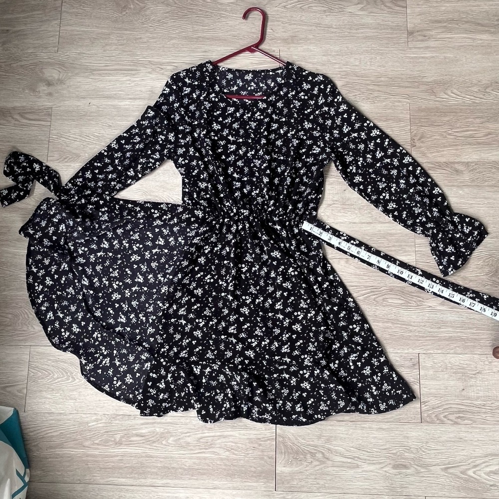 Women's Floral Dress Long Sleeve Mock Neck Mini Dress‎ Tie Small Black White